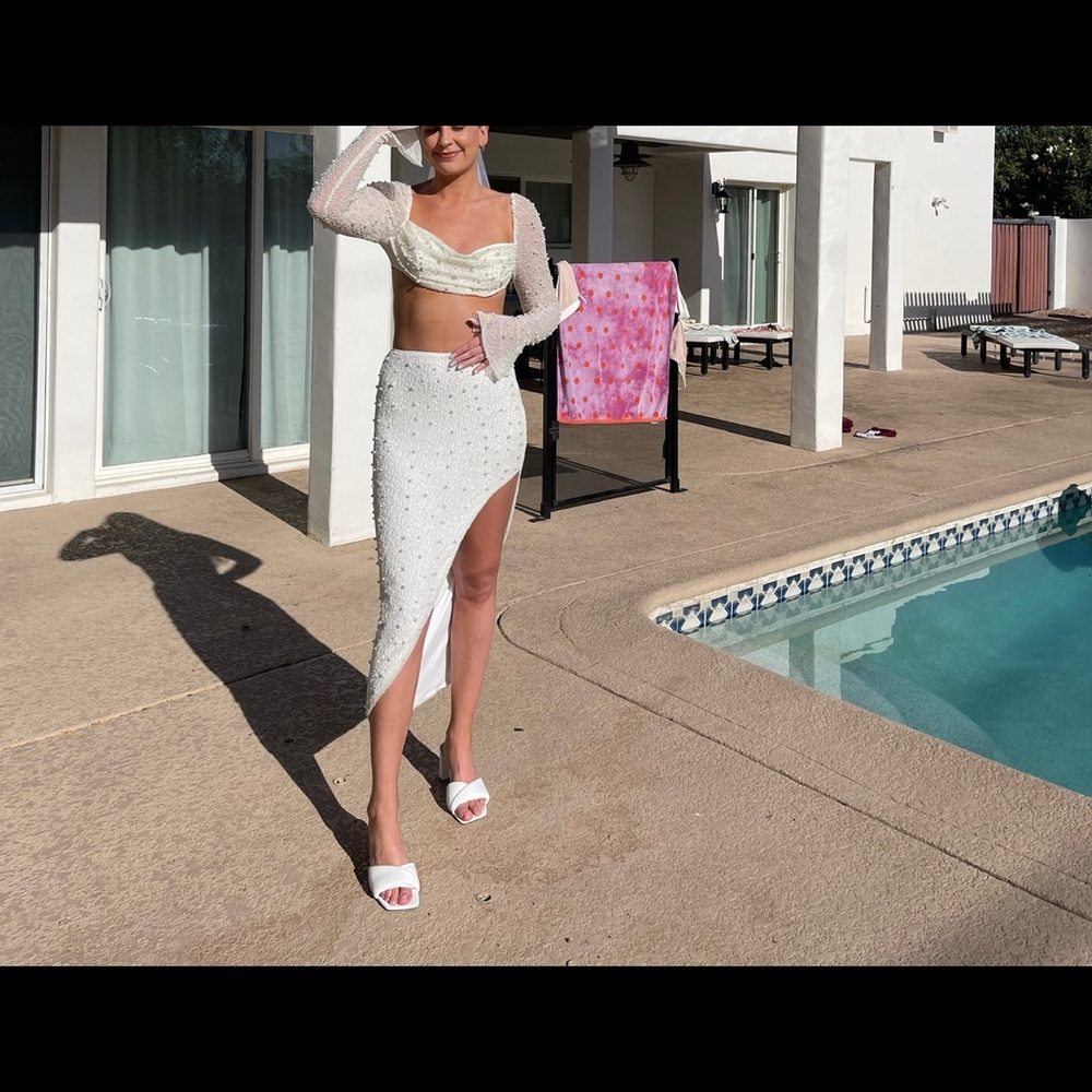 Ivory white two piece pearl embellished set - great bachelorette outfit